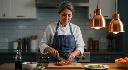 Professional Chef Preparing Fresh Ingredients in a Modern Kitchen for Culinary Excellence and Gourmet Cooking Enthusiasts