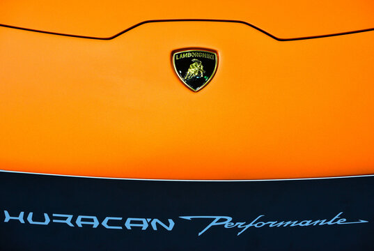 NONTHABURI - MARCH 29,2017: Close up Lamborghini logo on displayed car on The 38th Bangkok International Thailand Motor Show in Nonthaburi, Thailand.