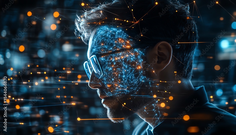Poster futuristic businessman engaging with a virtual brain interface, surrounded by glowing neural circuit