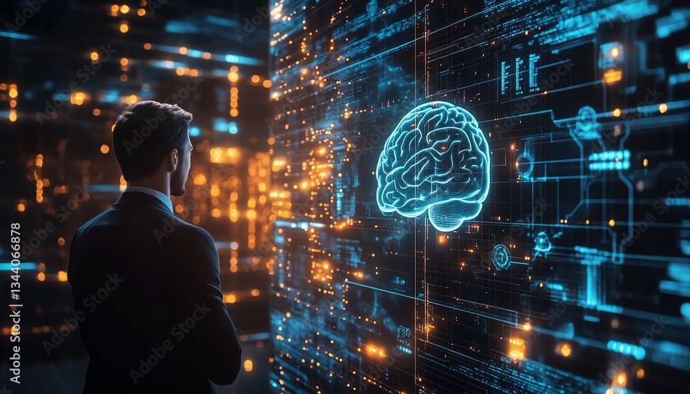 Poster futuristic businessman engaging with a virtual brain interface, surrounded by glowing neural circuit