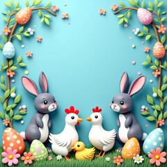 Easter illustration. Bright blue background with featuring two adorable gray rabbits, a white hen, a yellow chick, decorated Easter eggs