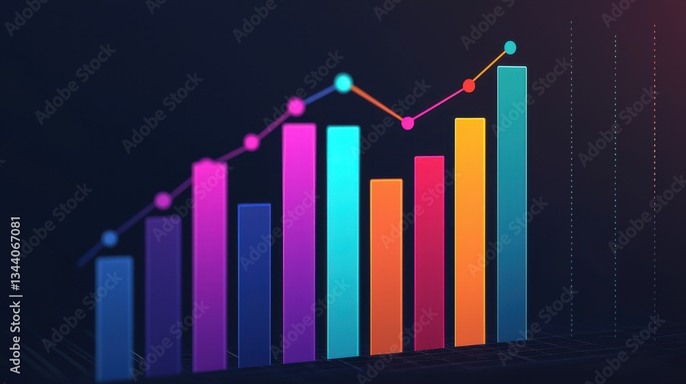 Poster colorful data visualization of increasing bar graph with line chart on dark background for financial