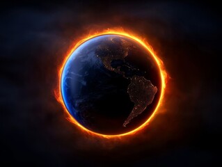 Naklejka premium Glowing Earth surrounded by fiery aura in a dark background.