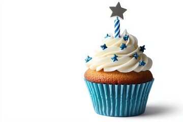 Delicious cupcake topped with creamy frosting, stars, and a candle, perfect for birthday celebrations or special occasions.