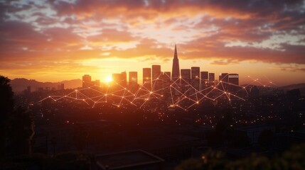 Dramatic sunrise over warm San Francisco skyline infused with glowing lines symbolizing connectivity and technological innovation in vibrant colors