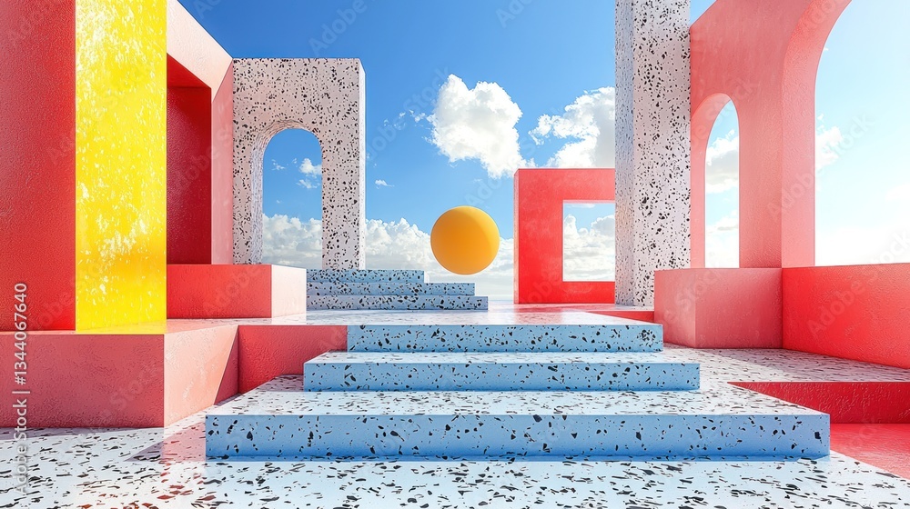 Poster surreal architecture scene with vibrant colors and terrazzo textures backdrop