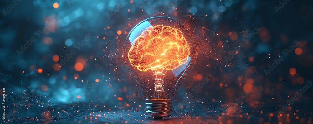 Poster futuristic glowing lightbulb with a brain inside, symbolizing artificial intelligence and cognitive 