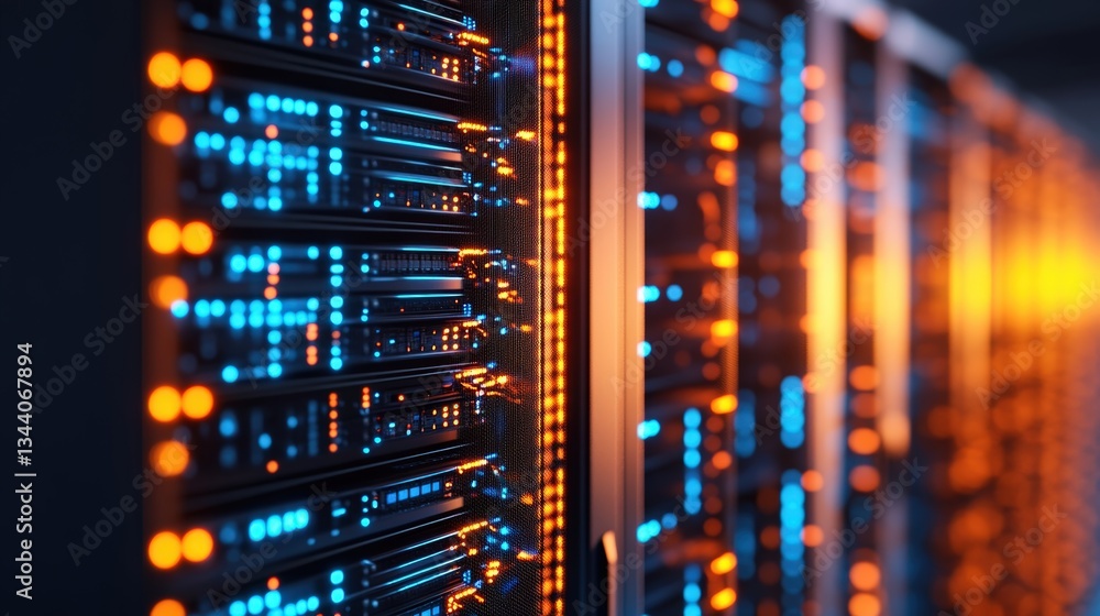 Poster close-up view of illuminated server rack in data center highlighting advanced technological infrastr
