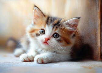 Obraz premium portrait of a playful fluffy kitten sitting on the floor looking scared in warm light