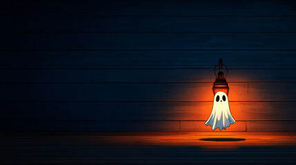 spooky lantern with ghostly silhouette illuminates dark wooden background, creating whimsical and eerie atmosphere