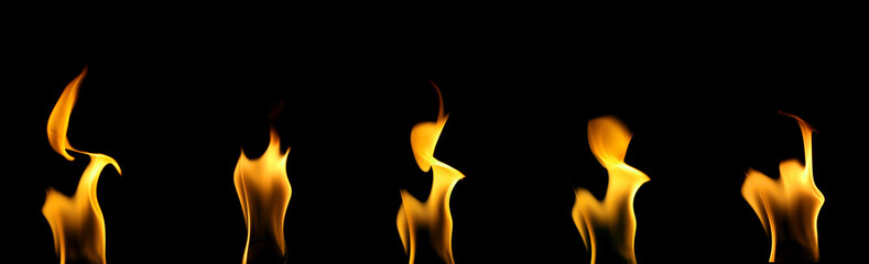 Flames collection. Flames at night on black background. Fire images for background and design.