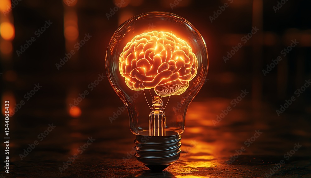 Poster glowing lightbulb with a digital brain inside, representing the future of artificial intelligence an
