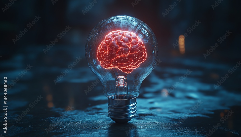 Poster glowing lightbulb with a digital brain inside, representing the future of artificial intelligence an