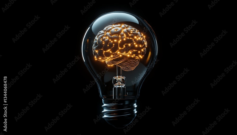 Poster glowing lightbulb with a digital brain inside, representing the future of artificial intelligence an