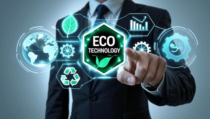 an using virtual touch interface presses text: ECO TECHNOLOGY. Environmental technology concept. Sustainable development goals. SDGs. Green Computing, Green Technology, Green IT, 
