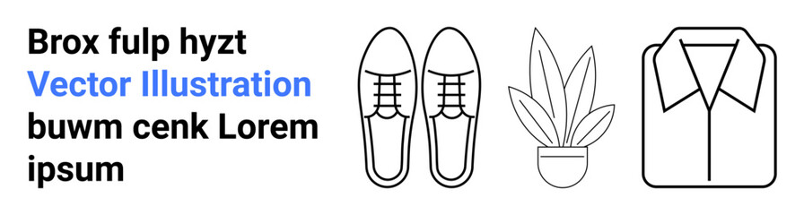 Dress shoes, potted plant, and collared shirt in clean lines and black outlines. Ideal for fashion, home decor, lifestyle branding, sustainability, organization, minimalism flat landing page banner