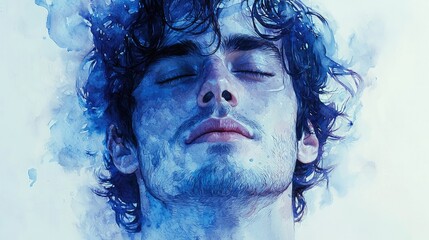 Fototapeta premium Serene Portrait of a Young Man with Closed Eyes Surrounded by Blue Watercolors