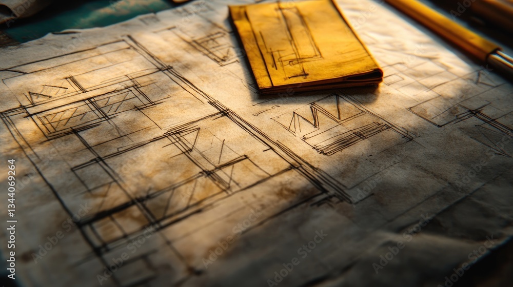 Poster a close-up of hand-drawn structural sketches on an architectural blueprint.