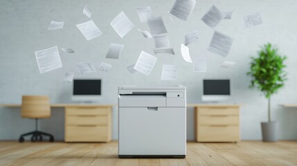 Fototapeta premium Dynamic Office Scene with Papers Flying Around a Printer in Modern Workspace Environment