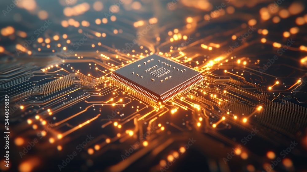 Poster close-up view of a glowing cpu chip on an intricate circuit board showcasing fine pathways, warm ora