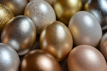 Luxurious Golden and Silver Easter Eggs with Metallic Shine for Holiday Celebration, Generative AI