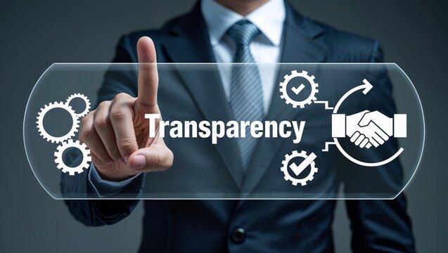 Man working on virtual touch screen presses word: TRANSPARENCY. Business transparency and accountability concept. new