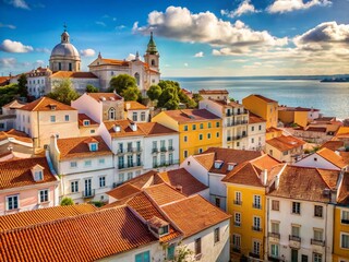 Obraz premium Lisbon Alfama District: Minimalist View of Traditional Houses & Tagus River