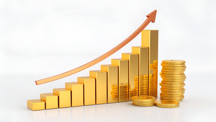 Golden bar chart with an upward arrow and stacks of coins on a white background illustration