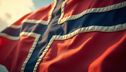 Fototapeta premium Antique Norway Flag: Close-up, Rippling, Sunlight, Detailed Texture.