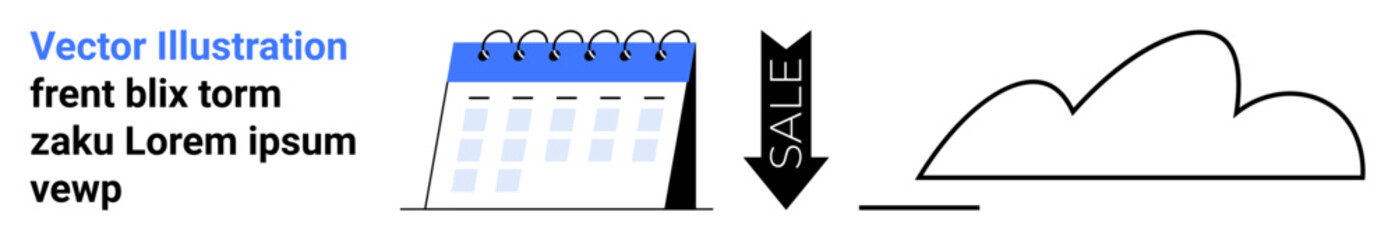 Calendar with blue top, black sale tag pointing down, abstract black cloud outline. Ideal for planning, discounts, marketing, cloud computing, weather, strategy simple landing page