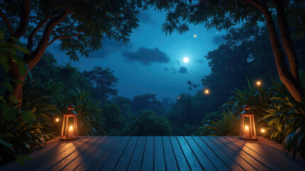 Obraz premium serene night scene featuring wooden deck surrounded by lush greenery, illuminated by lanterns under full moon