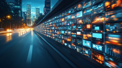 Futuristic City Highway with Data Wall at Night