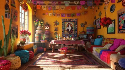 Colorful mexican-inspired room with vibrant decor and bright textiles. Cinco de Mayo, Battle of Puebla Day, Mexican Heritage Festival - Latin American Cultural Celebration