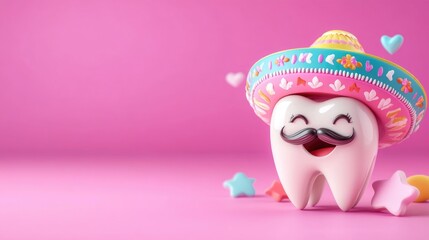 Smiling cartoon tooth with sombrero on pink background. Cinco de Mayo, Battle of Puebla Day, Mexican Heritage Festival - Latin American Cultural Celebration