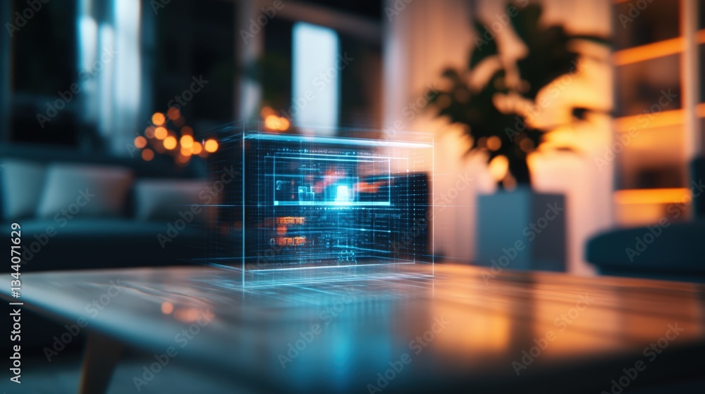 Poster translucent holographic display showcasing an advanced digital security interface floating on a mode