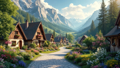Alpine Village: Serene Mountain Houses and Flowers