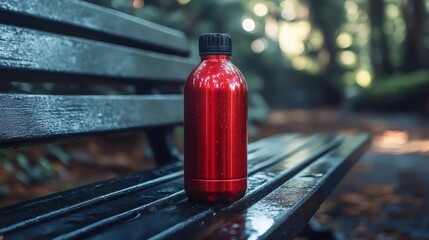A red bottle of water sits on a bench in a park
