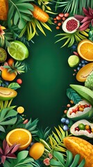 Vibrant tropical fruits and green leafy border with oranges and lime highlights. Cinco de Mayo, Battle of Puebla Day, Mexican Heritage Festival - Latin American Cultural Celebration