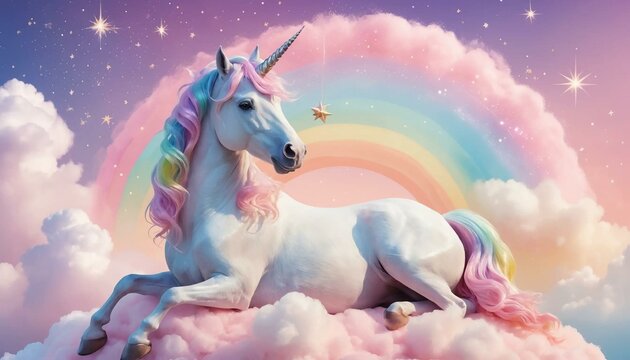 Fond pastel fantaisiste licorne arc-en-ciel &eacute;toiles scintillantes sur un ciel rose tendre et fantaisiste nuage duveteux.