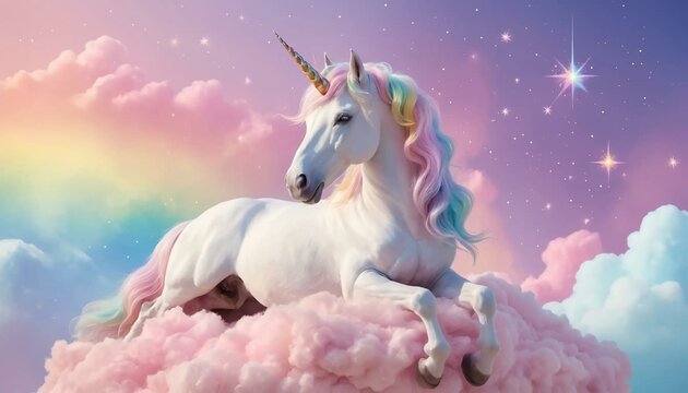 Fond pastel fantaisiste licorne arc-en-ciel &eacute;toiles scintillantes sur un ciel rose tendre et fantaisiste nuage duveteux.