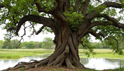 Ancient Oak Tree by Serene Waters: A Majestic Landscape