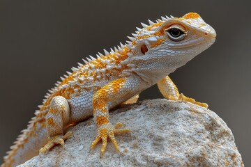 Albino lizard perched on rock, studio backdrop, pet reptile