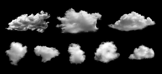Isolated cloud collection on black background. Set of different types of clouds. Design. Fog. Haze. Clouds. Abstract clouds. Fog over the sky. Fluffy white cloud texture.