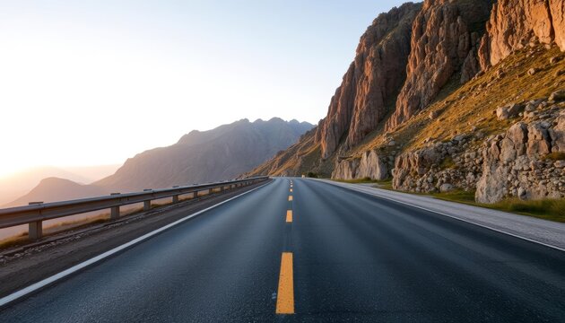 Mountain road winds past rocky cliffs with high climbing grades nearby - Powered by Adobe