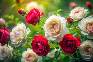 Obraz premium Long Exposure: Delicate White & Crimson Roses Dancing in Lush Garden