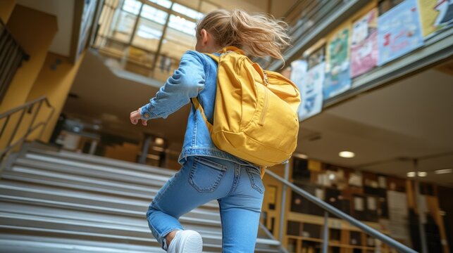 Caucasian young girl climbing stairs with yellow backpack in school atrium. Back to School, School Season, First Day of School - Education Supplies, Academic Year Beginning