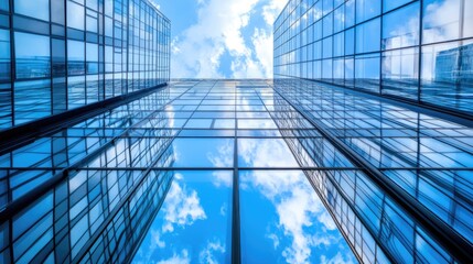 A commercial skyscraper reflecting the city skyline in its glass panels.