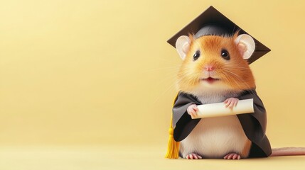 Cute hamster graduation portrait: adorable rodent in cap and gown holding diploma on yellow background. Back to School, School Season, First Day of School - Education Supplies, Academic Year Beginning