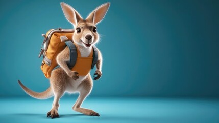 Cute cartoon kangaroo with backpack on blue background. Back to School, School Season, First Day of School - Education Supplies, Academic Year Beginning