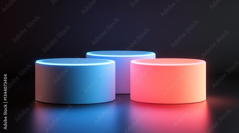 Poster abstract cylindrical platforms with vivid luminescent border on dark background